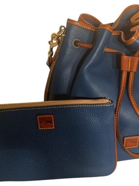 “Dooney & Bourke Pebbled Leather Bucket Bag Blue Brown Drawstring + Wristlet Set